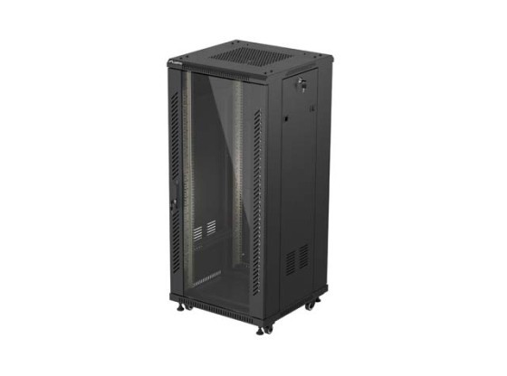 19" ШКАФ ЗА БАГАЖНИК СЪС СВОБОДНА СТОЙКА 27U/600X600 (ПЛОСКА ОПАКОВКА) СЪС СТЪКЛЕНА ВРАТА ЧЕРЕН LANBERG