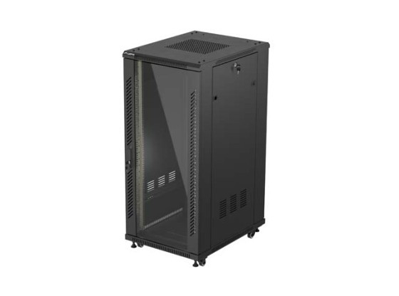 19" ШКАФ ЗА БАГАЖНИК СЪС СВОБОДНА СТОЙКА 27U/600X800 (ПЛОСКА ОПАКОВКА) СЪС СТЪКЛЕНА ВРАТА ЧЕРЕН LANBERG
