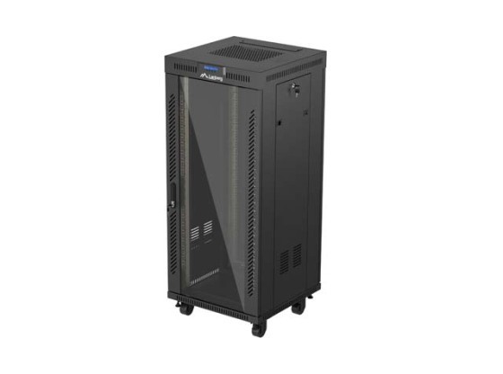 19" ШКАФ ЗА БАГАЖНИК СЪС СВОБОДНА СТОЙКА 27U/600X600 (ПЛОСКА ОПАКОВКА) СЪС СТЪКЛЕНА ВРАТА LCD ЧЕРЕН LANBERG V2