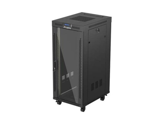 19" ШКАФ ЗА БАГАЖНИК СЪС СВОБОДНА СТОЙКА 27U/600X800 (ПЛОСКА ОПАКОВКА) СЪС СТЪКЛЕНА ВРАТА LCD ЧЕРЕН LANBERG V2