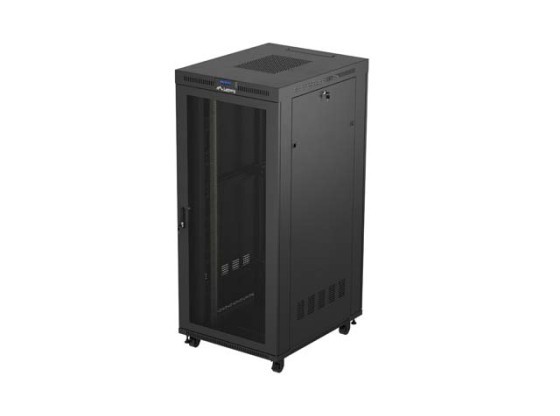СТЕЛАЖЕН ШКАФ 19" СВОБОДНОСТОЯЩ 37U/800X1000 (ПЛОСКА ОПАКОВКА) ЧЕРЕН СЪС СТЪКЛЕНА ВРАТА LCD LANBERG V2