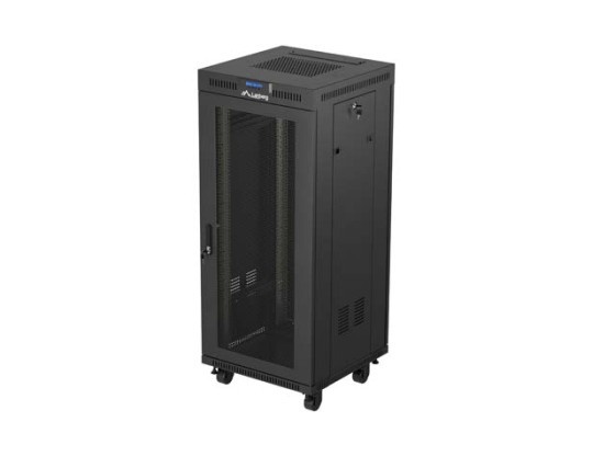 19" ШКАФ ЗА БАГАЖНИК СЪС СВОБОДНА СТОЙКА 27U/600X600 (ПЛОСКА ОПАКОВКА) С МРЕЖЕСТА ВРАТА LCD ЧЕРЕН LANBERG V2