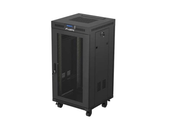 19" ШКАФ ЗА БАГАЖНИК СЪС СВОБОДНА СТОЙКА 22U/600X600 (ПЛОСКА ОПАКОВКА) С МРЕЖЕСТА ВРАТА LCD ЧЕРЕН LANBERG V2