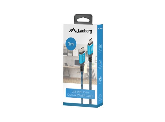 USB-C M/M USB4 кабел, 1 м, 240 W, 8K, 60 Hz, черен и син, кутия LANBERG