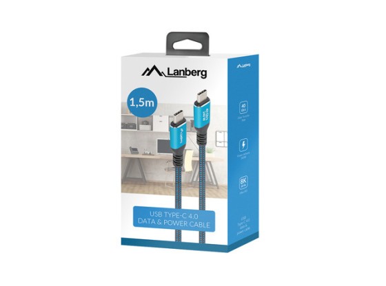 USB-C M/M USB4 кабел, 1,5 м, 240 W, 8K, 60 Hz, черен и син, кутия LANBERG