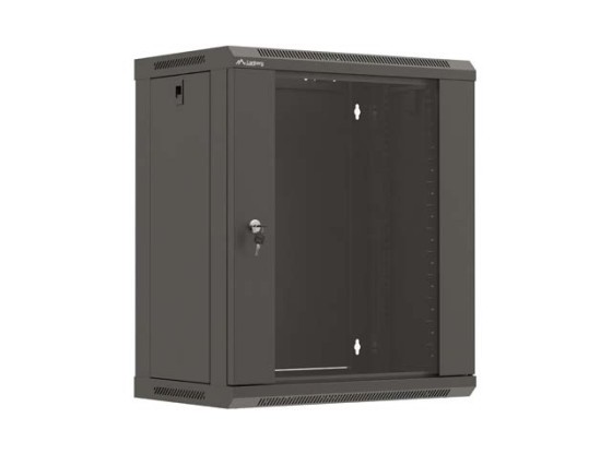 МОНТАЖЕН ШКАФ 19" 12U 540X350 ЧЕРНА СТЪКЛЕНА ВРАТА LANBERG (ПЛОСКА ОПАКОВКА)