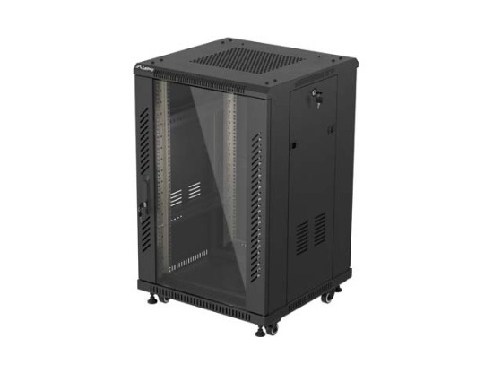 19-инчов самостоятелен шкаф за рак 18U/600x600 (в разглобено състояние) със стъклена врата, черен, LANBERG