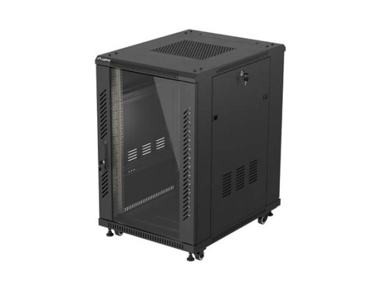 19-инчов самостоятелен шкаф за рак 18U/600x800 (в разглобено състояние) със стъклена врата, черен, LANBERG