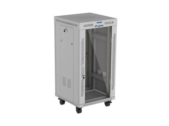 19-инчов самостоятелен шкаф за рак 22U/600x600 (в разглобено състояние) със стъклена врата, LCD, сив, LANBERG V2