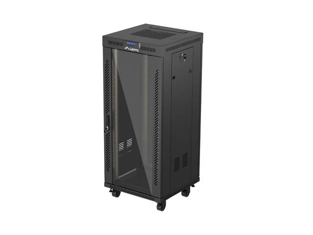 19" ШКАФ ЗА БАГАЖНИК СЪС СВОБОДНА СТОЙКА 27U/600X600 (ПЛОСКА ОПАКОВКА) СЪС СТЪКЛЕНА ВРАТА LCD ЧЕРЕН LANBERG V2