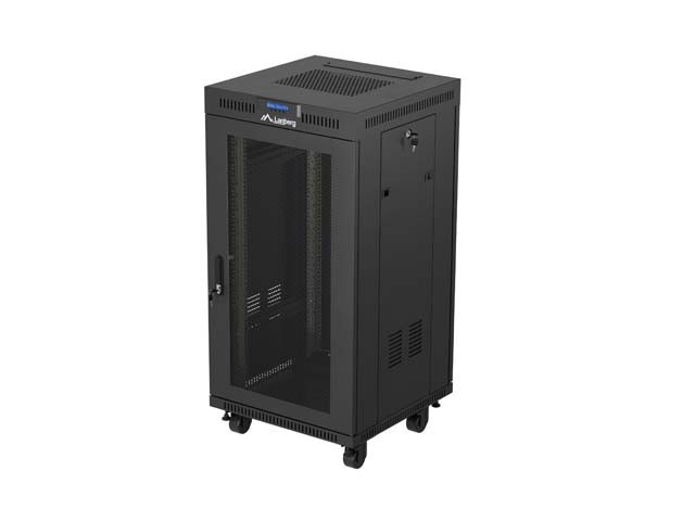 19" ШКАФ ЗА БАГАЖНИК СЪС СВОБОДНА СТОЙКА 22U/600X600 (ПЛОСКА ОПАКОВКА) С МРЕЖЕСТА ВРАТА LCD ЧЕРЕН LANBERG V2