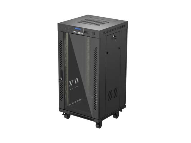 МОНТАЖЕН ШКАФ 19" 22U 600X600 ЧЕРЕН ЛАНБЕРГ СТЪКЛЕНА ВРАТА (ПЛОСКА ОПАКОВКА) V2